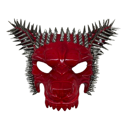 Resin mask shaped like wolf face, red, with silver spikes.