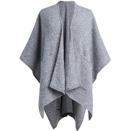Front view of woman wearing DEMDACO charcoal grey Hero Shrobe, draped over shoulders with open front and relaxed fit.