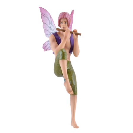 Boy fairy with pink hair, wearing purple vest and playing a flute.