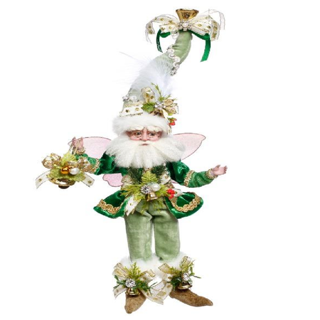 bearded fairy in green outfit with pine sprigs and bell accents.