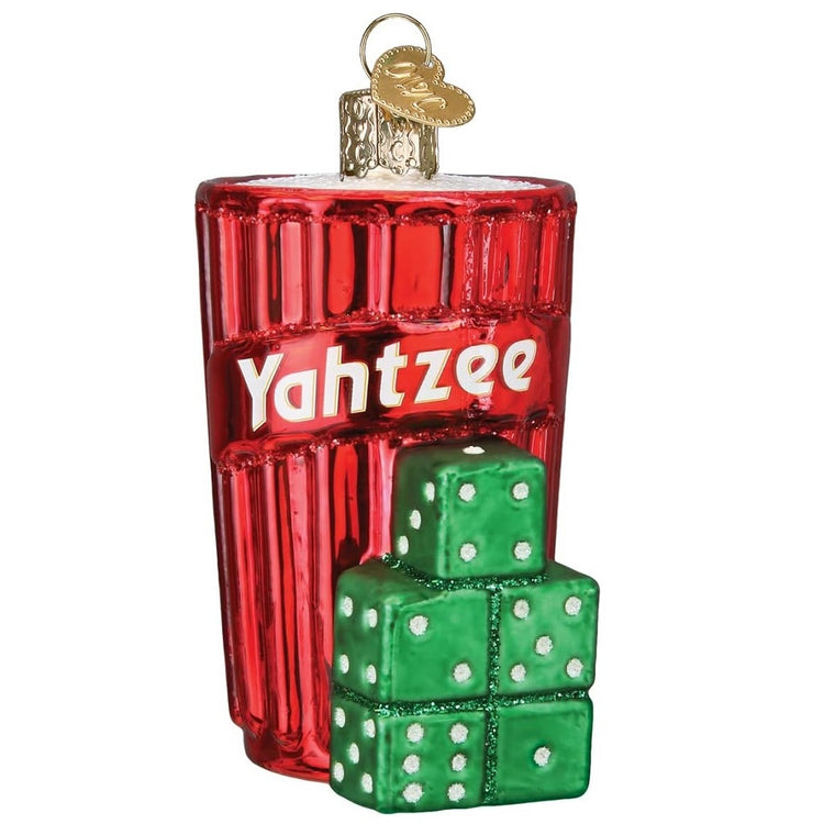 Blown glass ornament depicting the classic red Yahtzee cup and green dice.