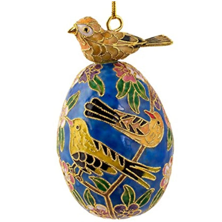 egg shaped hanging ornamet with yellow birds and a yellow bird sitting on top. Egg is blue with flowers and birds all with gold outlines