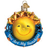 Hanging ornament with a yellow sun and painted face. Blue ribbon on the bottom that says "You Are My Sunshine".