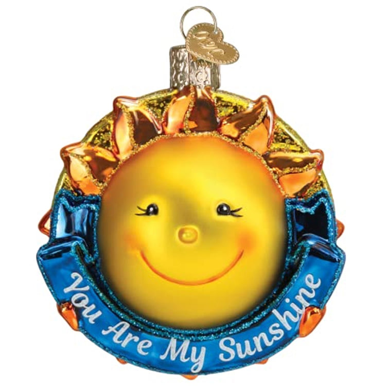 Hanging ornament with a yellow sun and painted face. Blue ribbon on the bottom that says "You Are My Sunshine".