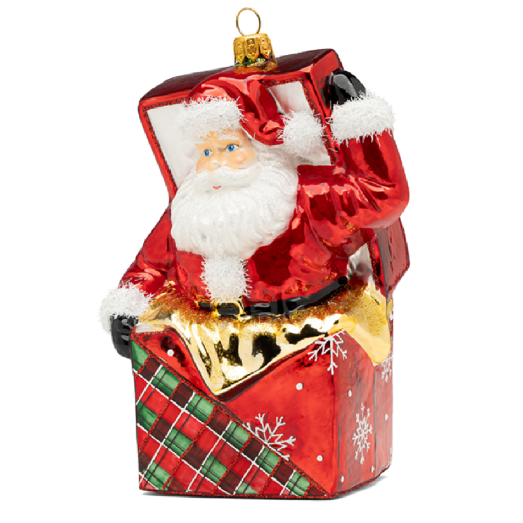 Blown glass ornament of Santa popping out of a gift box.