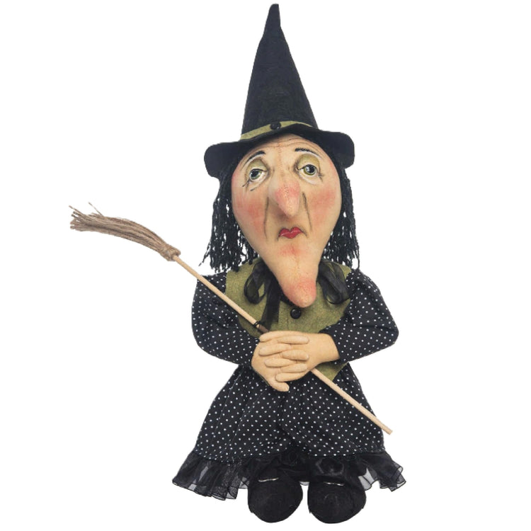 Gallerie II Zinnia Witch Figurine by Joe Spencer, 20-inch poseable Halloween collectible with layered fabrics and whimsical folk-art styling
