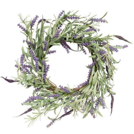 Light green and lavender faux floral wreath.