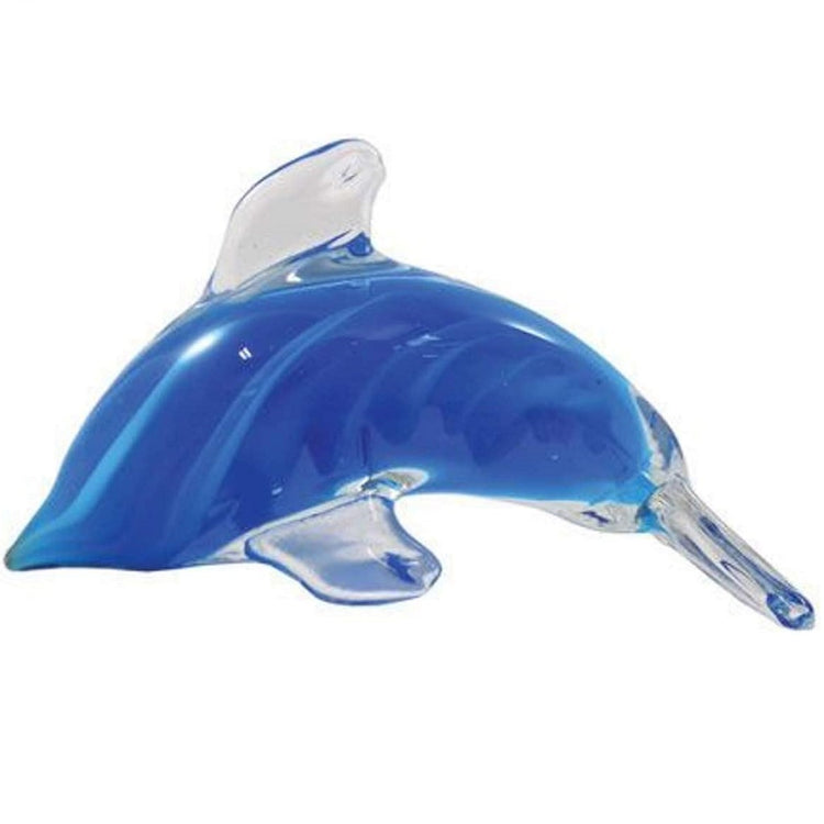 Side view of glass dolphin with clear fins and blue body.