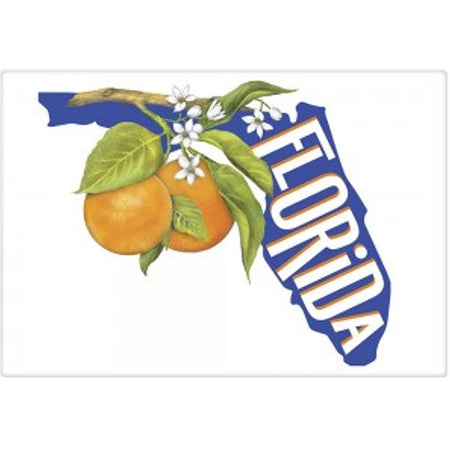 white kitchen towel with an outline of the state of Florida in blue with white text of state name.  2 oranges on a branch with flowers displayed in the panhandle.