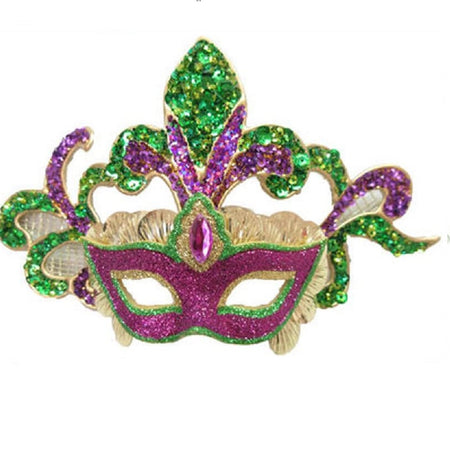 Mardi Gras mask ornament, purple and green with cut out eyes
