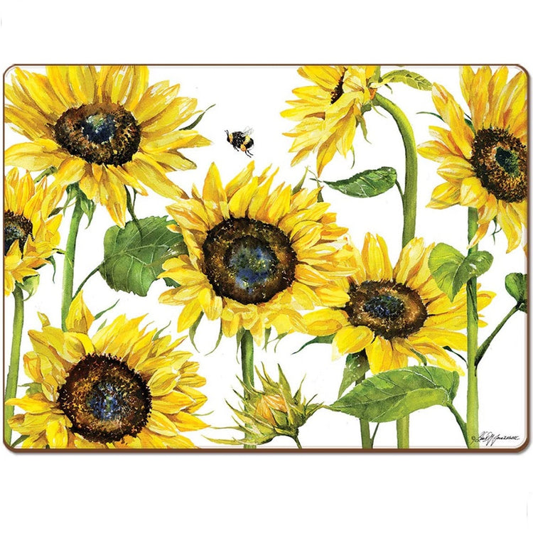 Rectangular placemat with yellow sunflowers and one single bumble bee.