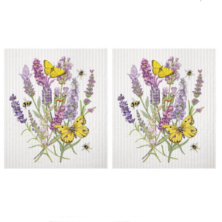 2 identical off white sponge cloths with lavender sprig design.  2 yellow butterflies and 3 bumble bee's in the flowers.
