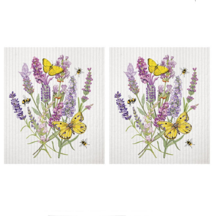 2 identical off white sponge cloths with lavender sprig design.  2 yellow butterflies and 3 bumble bee's in the flowers.