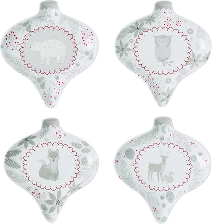 4 onion ornament shaped plates. The plates are off white with leaves, plants and pinecone accents with red berries and a framed red woodland animal.  Each plate has a different animal. There is a fox, owl, bear and deer with squirrel.