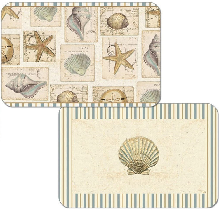 reversible placemate, photo shows both sides. One side is a collage of shells and 1 side is a single shell. 