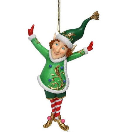 Elf shaped hanging ornament. He is wearing a green coat with white fur design. Blue pointy hat with gold decorations on all. Entire ornament is resin so the description is the design. Gold cord for hanging.