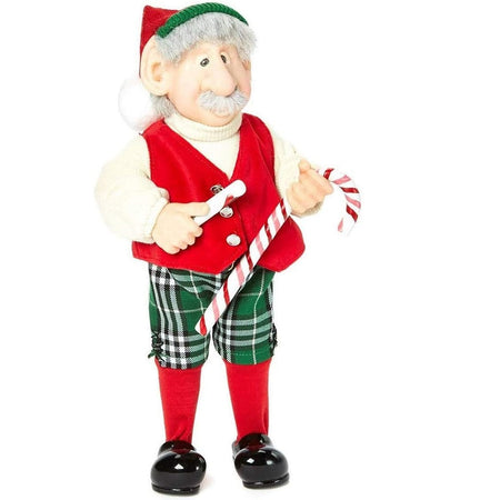 Standing Elf figurine.  He is waring a red vest, red sock and a green and red hat.   His shorts are white and green buffalo check. He holds a candy cane.