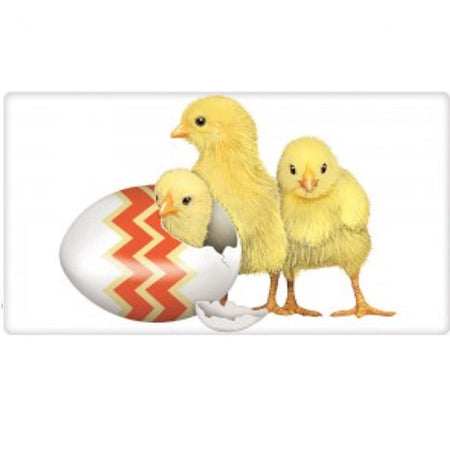 White towel with 2 yellow chicks and 1 yellow chick just hatching out of an egg decorated with orange and yellow zig zag pattern.