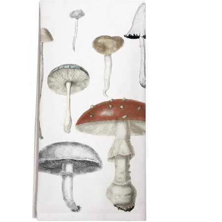White kitchen towel with 7 various mushroom shown.  Most are black and white, 1 has a red cap and one has a tan cap.