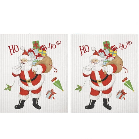 2 Identical off white flat sheet sponges with a Santa carrying a sack of presents .  Says Ho Ho Ho.  Also shows holly, a gift , a tree and a candy cane.