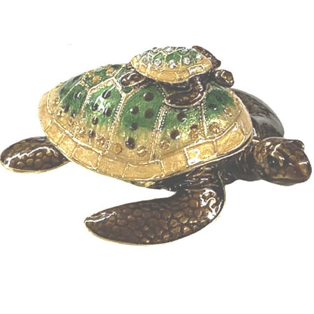 Jeweled Box in the shape of a mother turtle with a baby on her shell.  The body is brown and the shell is gold and green for both.  Gold metal accents.