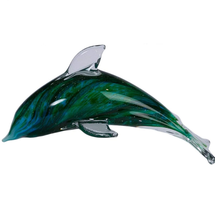 Side view of glass dolphin. Body is swirled blue and green with clear fins.