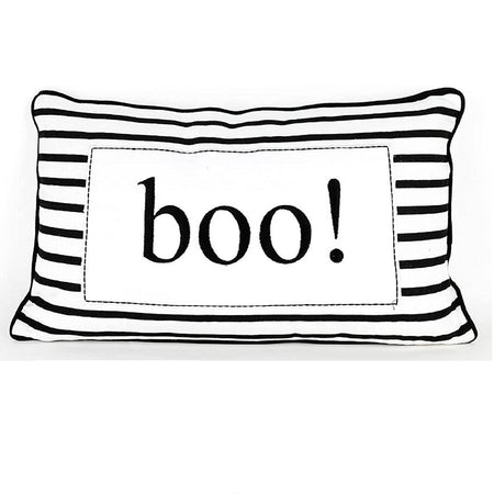 White pillow  Bold black and white print with stripes along boarder and Boo! in the middle