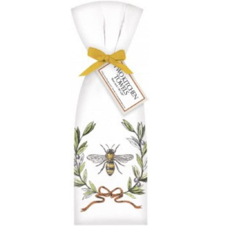 white kitchen towel tied at the top with a yellow ribbon.  Designed with a single bee surrounded by 2 strands of olive branches tied at the bottom with tan twine.