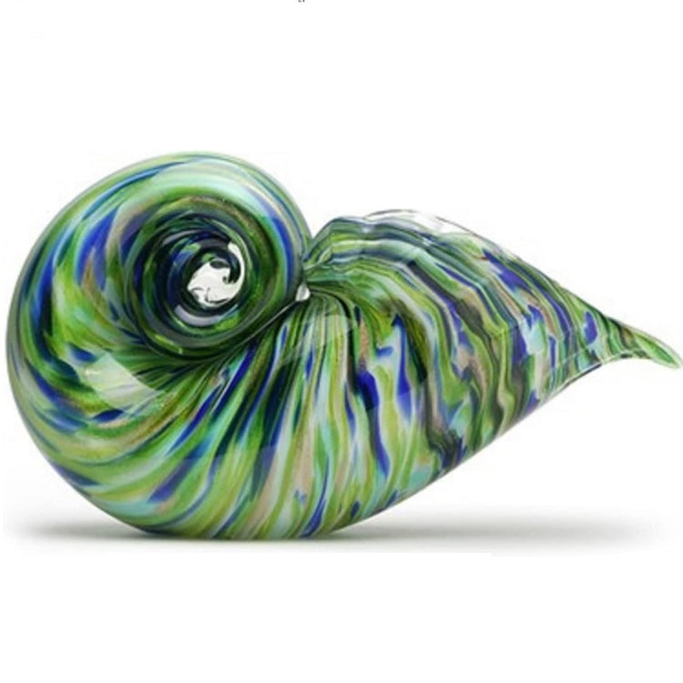 Side view of a shell with blue and green swirly stripes