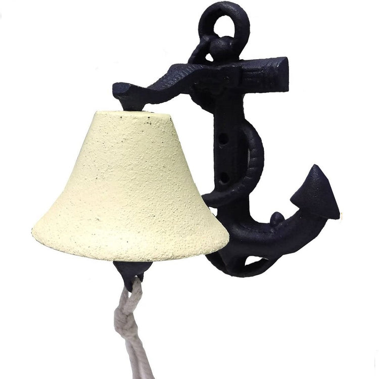 Blue wall mount anchor design cast iron back that holds a cream color bell with rope ringer