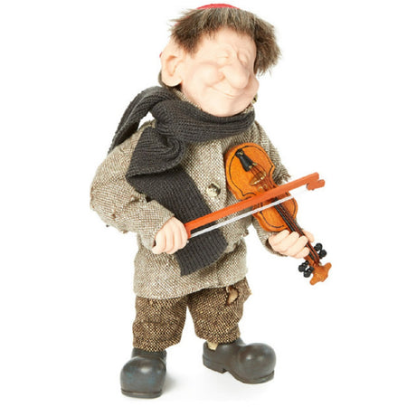 Standing Elf figurine.  He plays a violin. He is wearing a green gray scarf , brown tweed pants with a tan tweed jacket.
