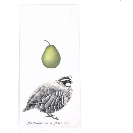 White kitchen towel with a grey, black and white partridge and a single green pear above.  The text says "partridge in a pear tree".
