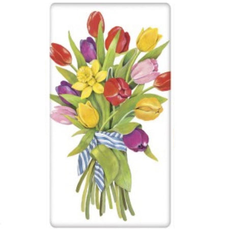 White towel with a tulip bunch.  The bunch is tied with blue and white fabric.  The tulips are red, purple and yellow with green leaves