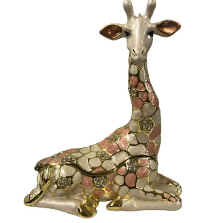 Giraffe shaped jeweled box. Giraft is cream color with shades of gold and peach.  Crystal embellishments.  The giraffe is sitting up, not standing.