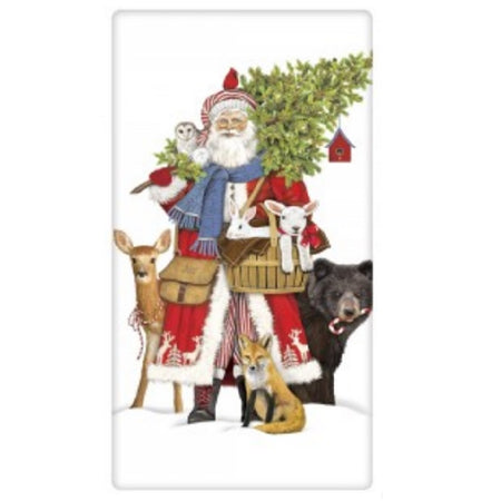 White towel with a photo of traditional Sant in red coat. He carries a tree with a cardinal, owl and bird house.  He has a basket with bunnies and beside him are a deer and bear. Fox at his feet.