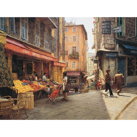 Painted image of a french village street with a fruit market. This is the image on this puzzle.