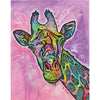 Rainbow colored giraffe on a pink and purple background with white accents. This is the image that is on the puzzle.