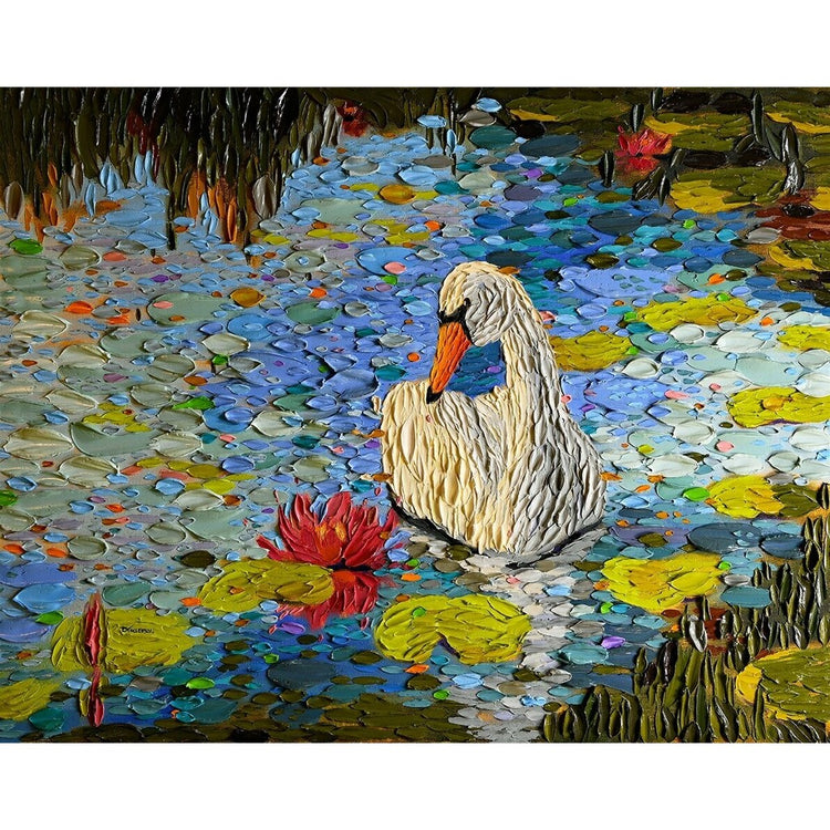 Swan swimming in a pond with water lilies, painted with bold brush strokes and lot of paint, this is the image on the puzzle.