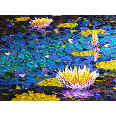 A pond with water lilies, painted with bold strokes and lots of paint, this is the image for this puzzle.