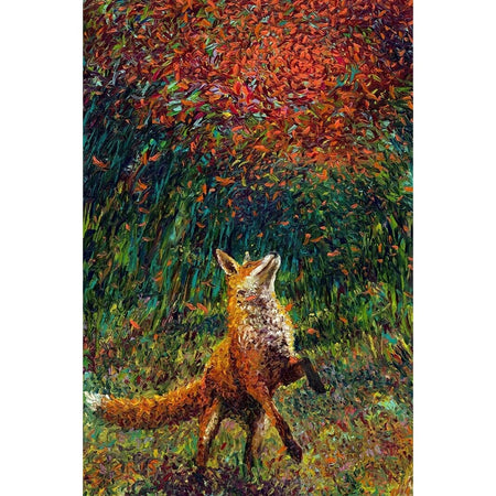 Red fox jumping in the red leaves falling from the trees, painted with bold brush strokes. This is the image on the puzzle.
