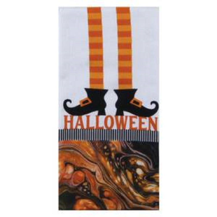 White terry cloth towel with legs in two toned orange stockings, the word halloween printed underneath the legs, but above an orange and back oil slick design.