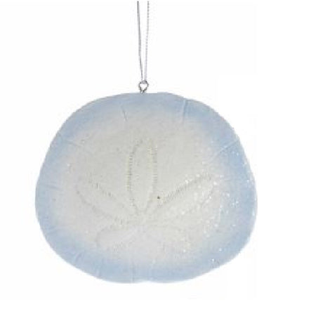 Sand dollar shaped Christmas ornament.  White with faded blue accent.