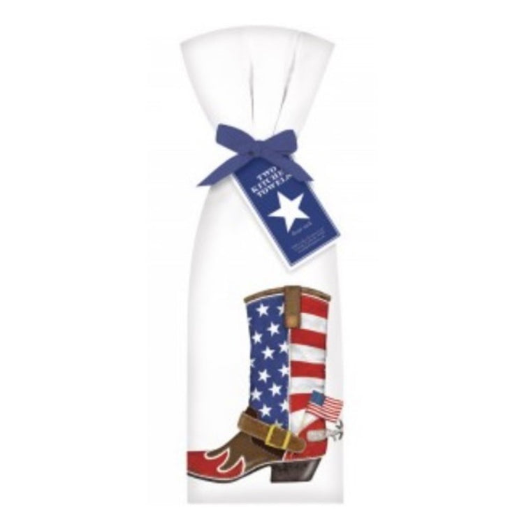 White towel with an american flag boot.