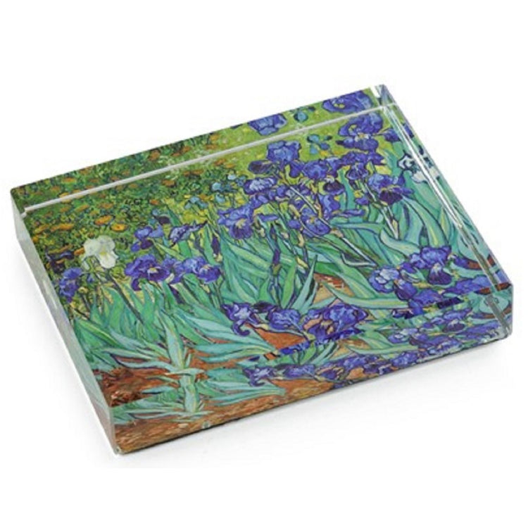 Block type crystal square to rectangle.  Clear glass with Van Gogh's Irises print under.
