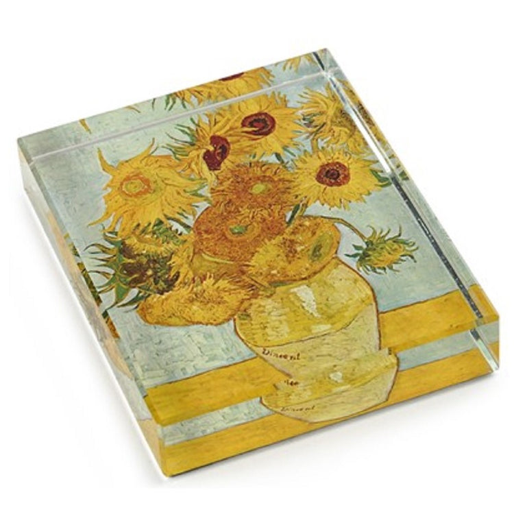 Block type crystal square to rectangle.  Clear glass with Van Gogh's Sunflower  print under.