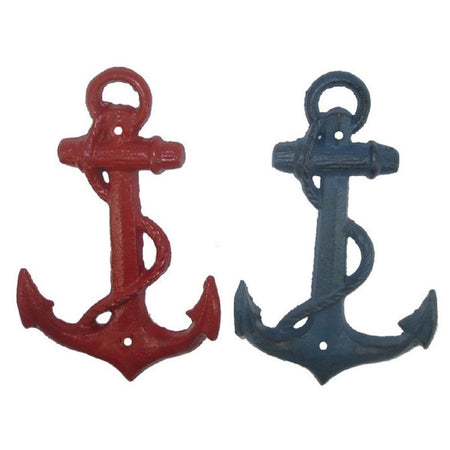 2 cast iron anchor shaped towel hooks. One is bright red and the other is dark blue in color.