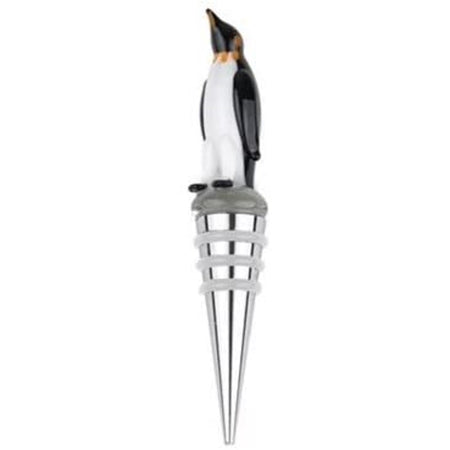 Glass black and white emperor penguin attached to a metal wine bottle stopper.