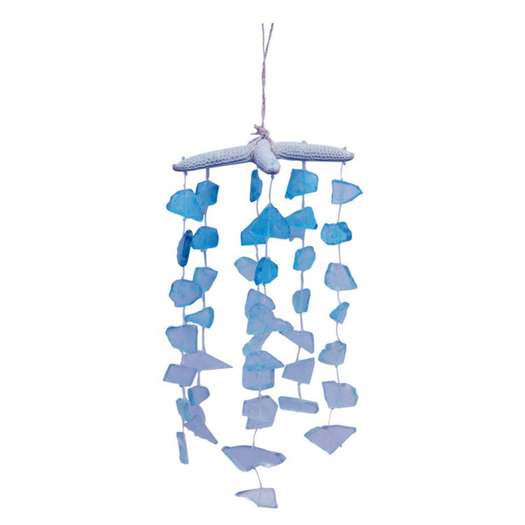 Starfish top mobile or chime. Blue and white shaded sea glass chimes.