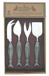 4 cheese spreaders & knives. All of them have a metal dark gray fish shaped handle. Comes in a nice brown box.