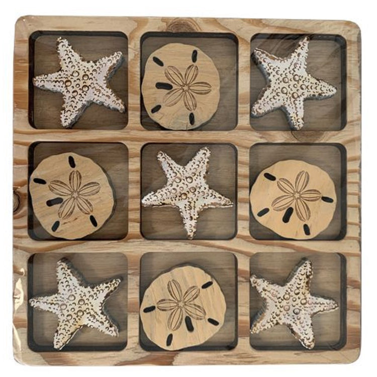 wood tic tac toe game with starfish & sand dollar pieces